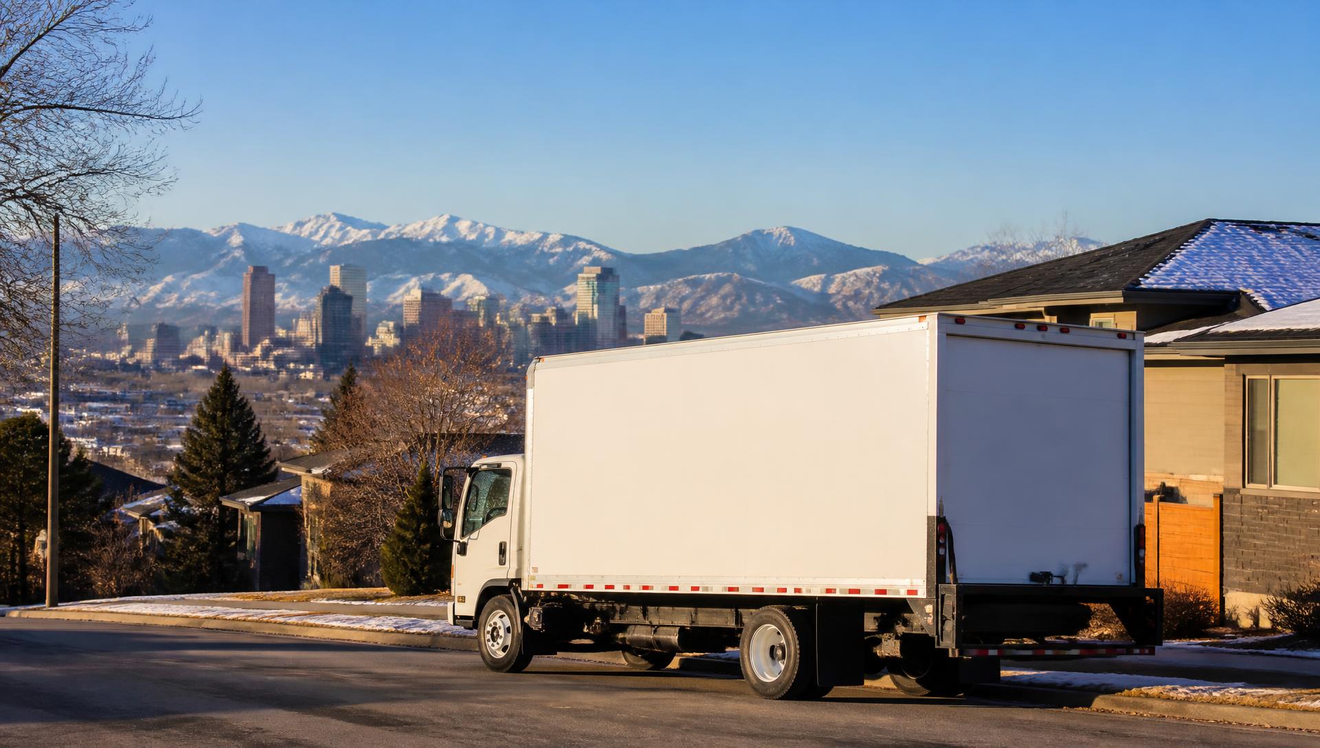 White moving truck parked on a Denver street with the downtown skyline and snowcapped Rocky Mountains behind it