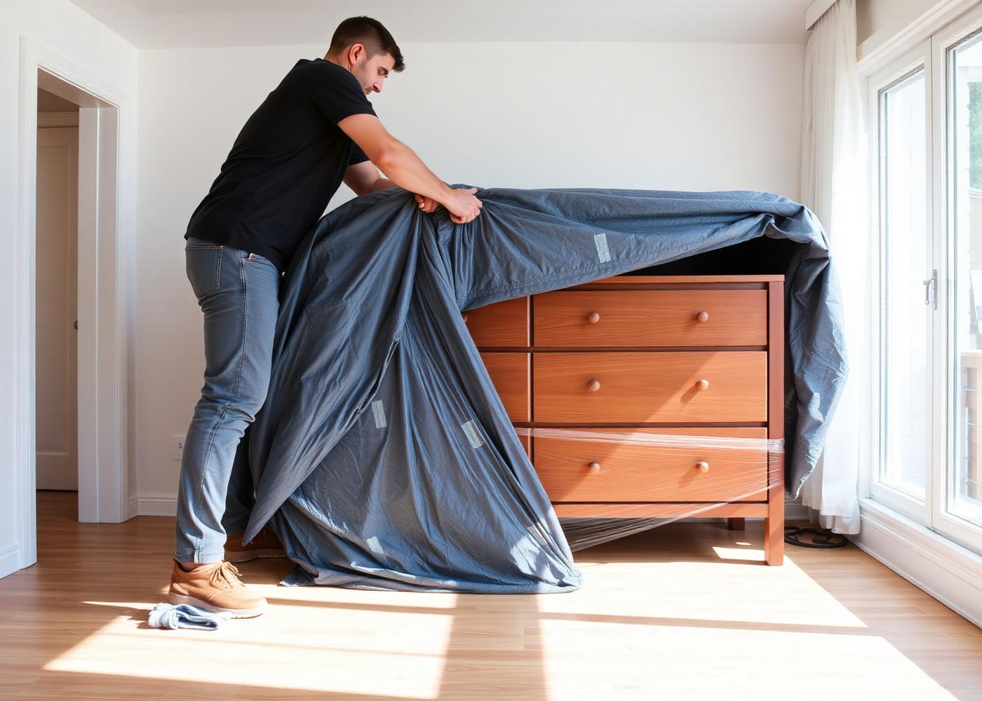 Mover wrapping a wooden dresser in a padded moving blanket before loading